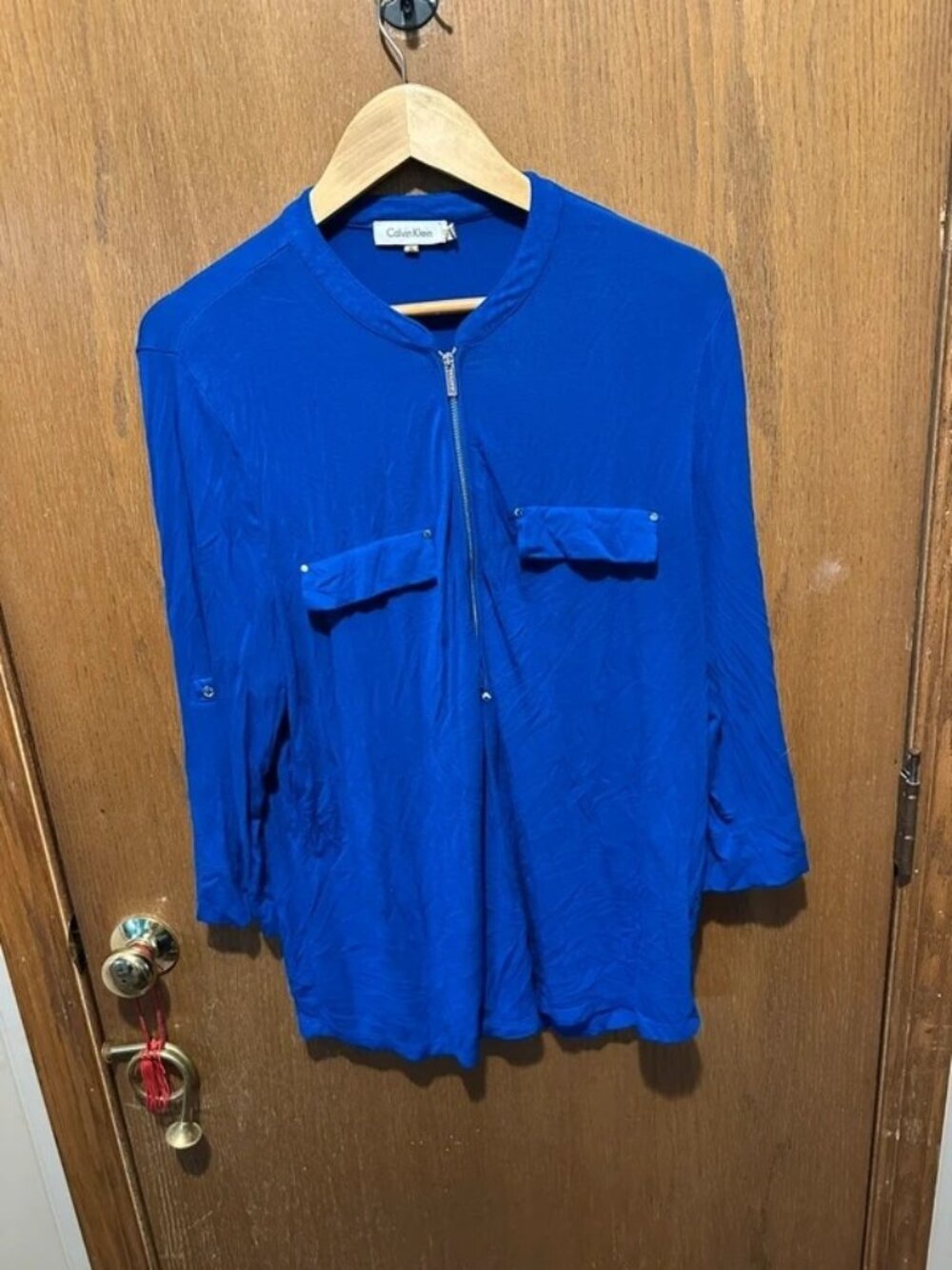 Calvin Klein XL Royal Blue Zip Front Blouse Women’s Roll Tab 3/4 Sleeve Tunic To